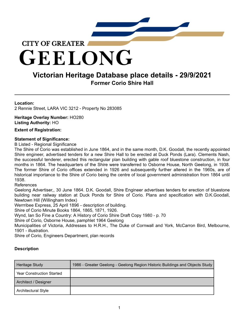 Victorian Heritage Database Place Details - 29/9/2021 Former Corio Shire Hall