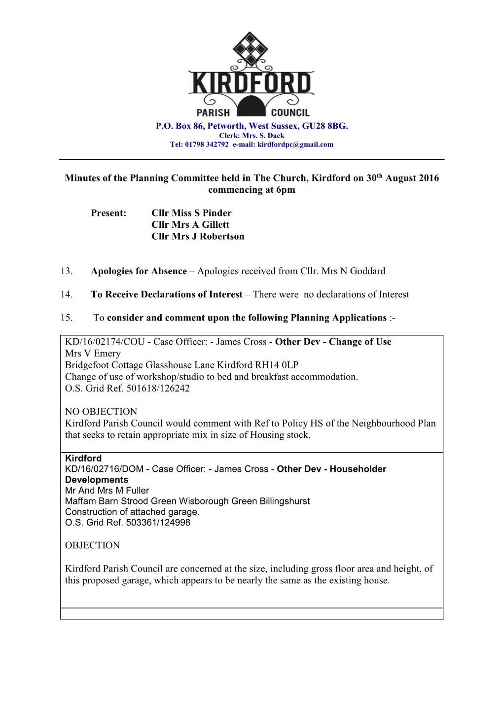 Minutes of the Planning Committee Held in the Church, Kirdford on 30Th August 2016 Commencing at 6Pm