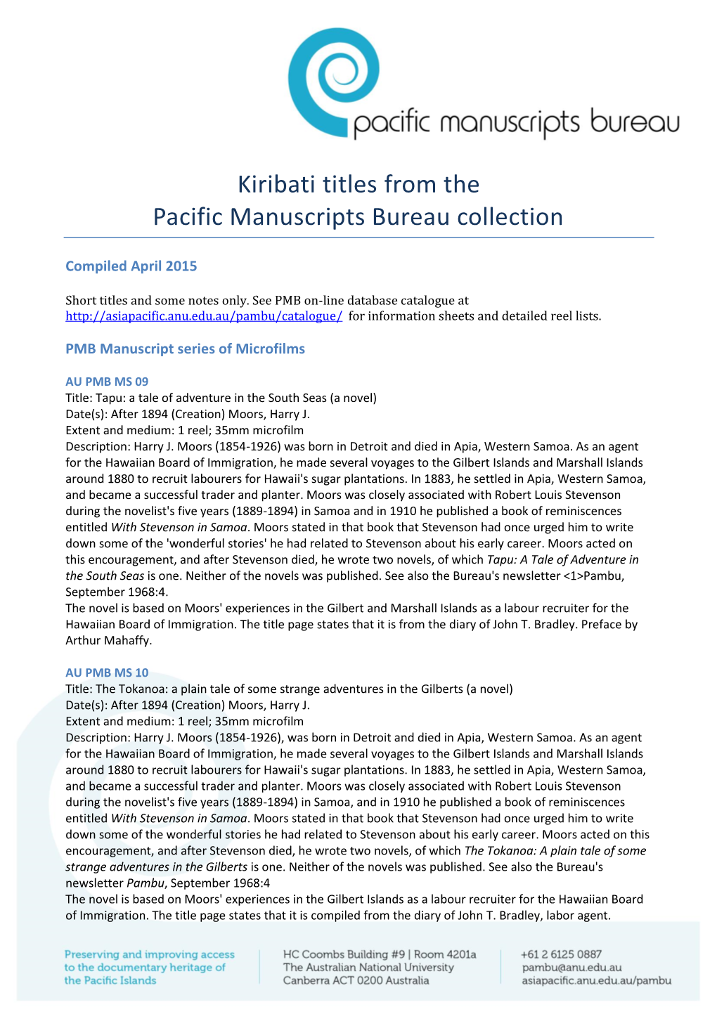 Kiribati Titles from the Pacific Manuscripts Bureau Collection
