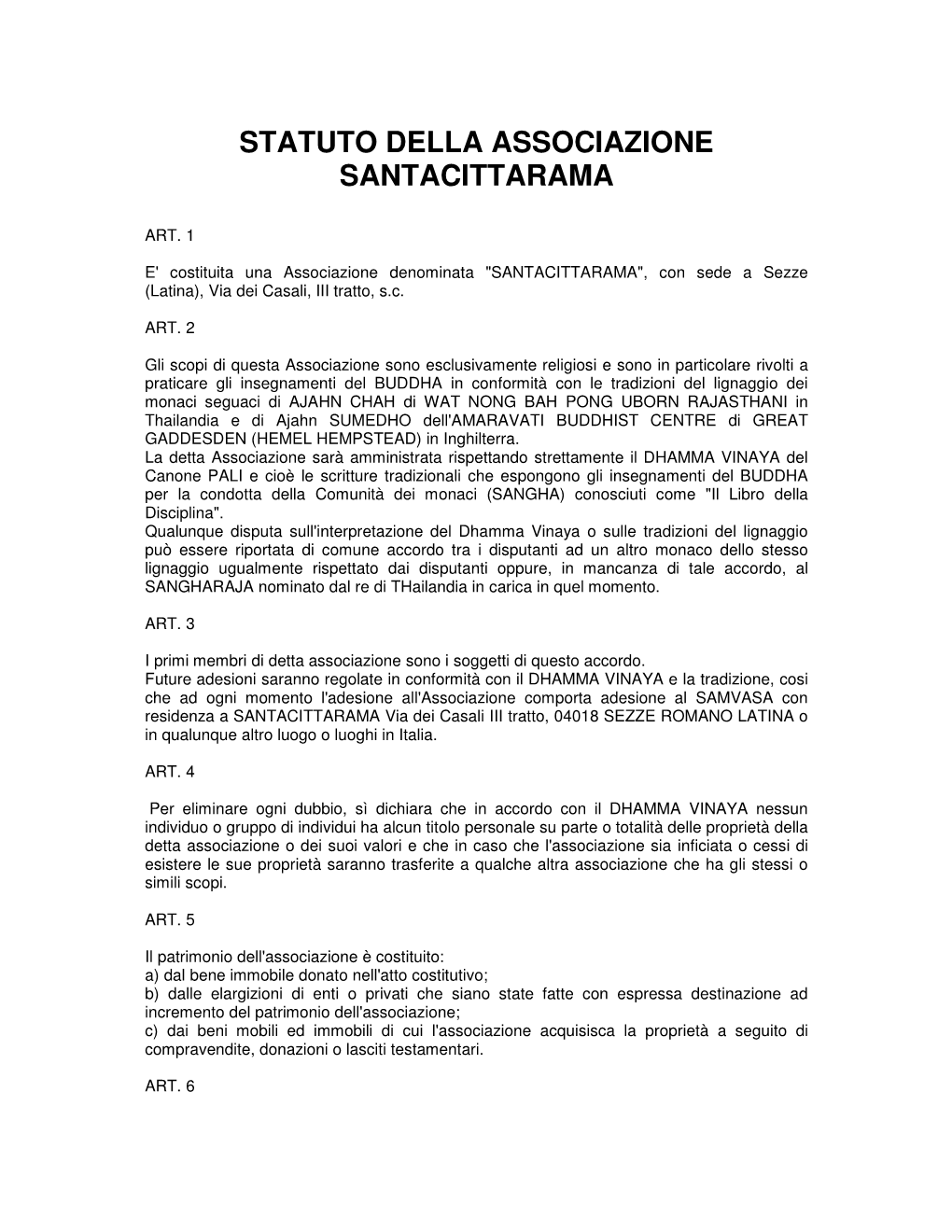 Statuto Della Associazione Santacittarama