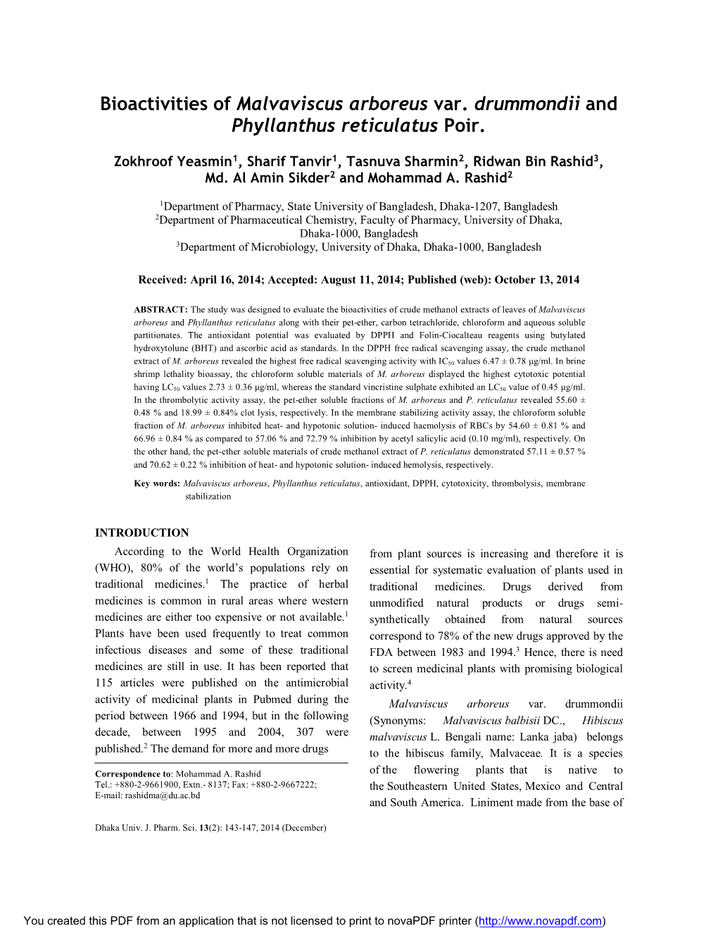 Bioactivities of Malvaviscus Arboreus Var. Drummondii and Phyllanthus Reticulatus Poir