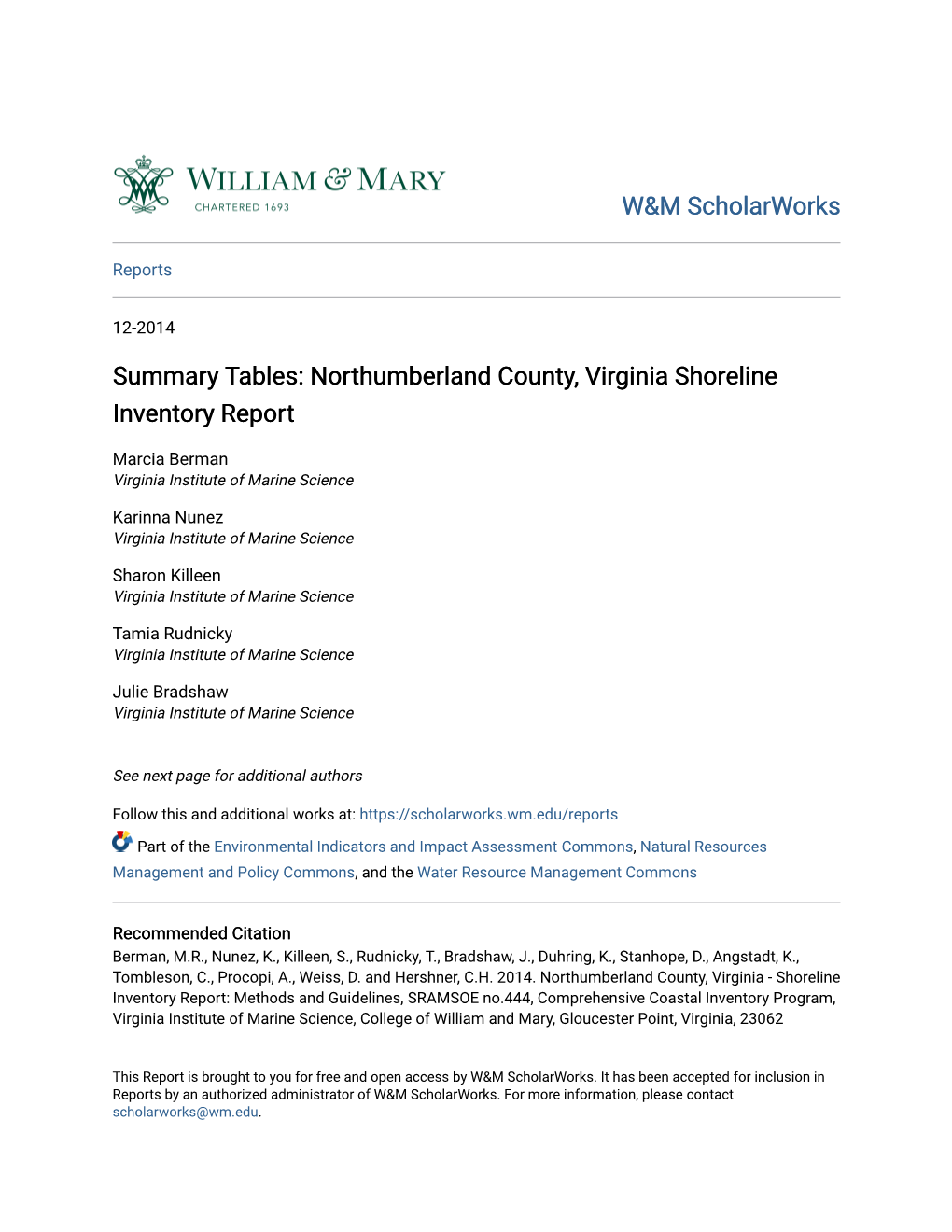 Northumberland County, Virginia Shoreline Inventory Report
