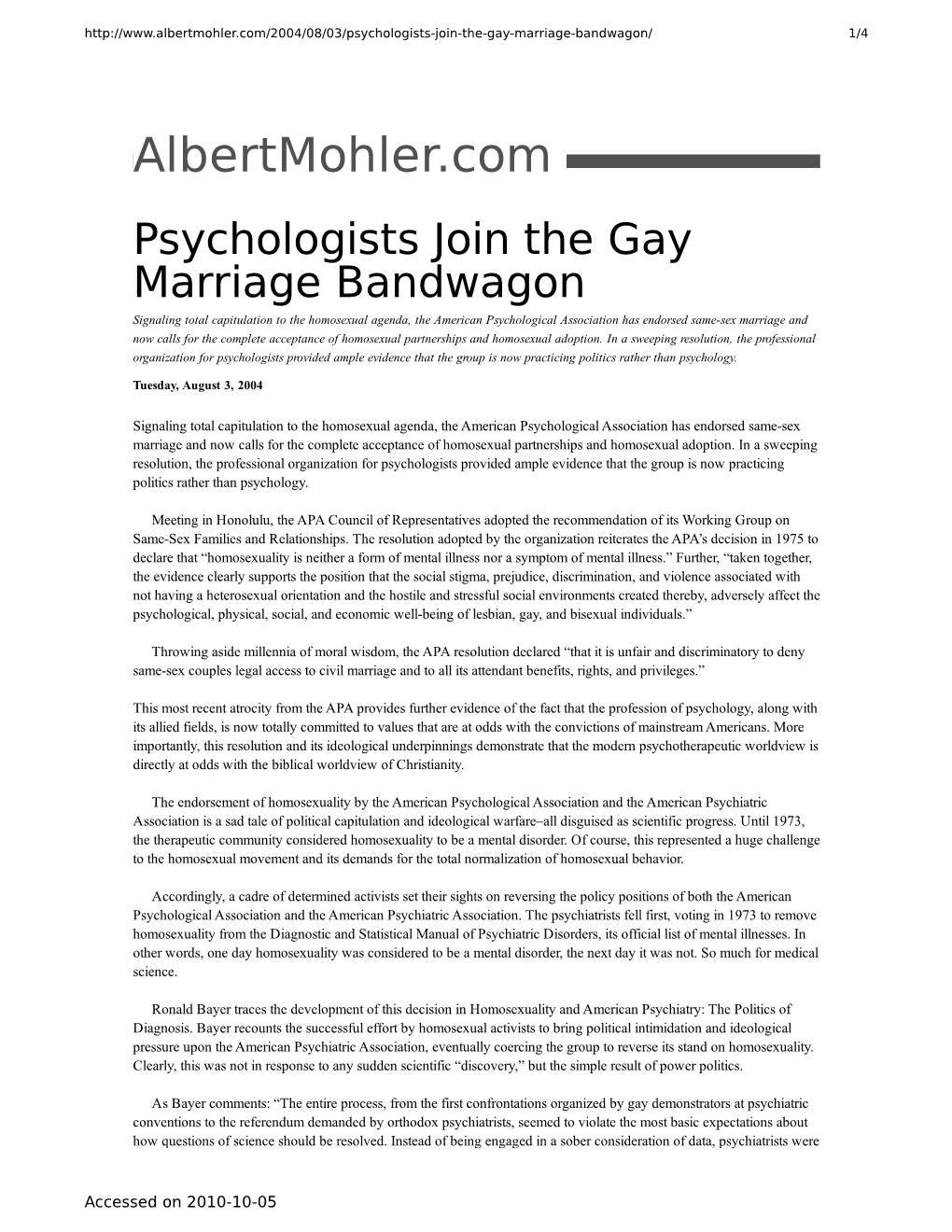 Albertmohler.Com – Psychologists Join the Gay Marriage Bandwagon