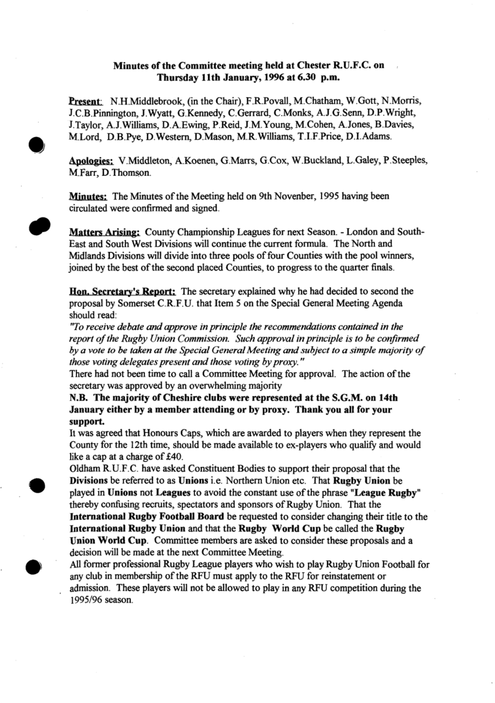 Minutes of the Committee Meeting Held at Chester R.U.F.C. on Thursday Llth January, 1996 at 6.30 P.M