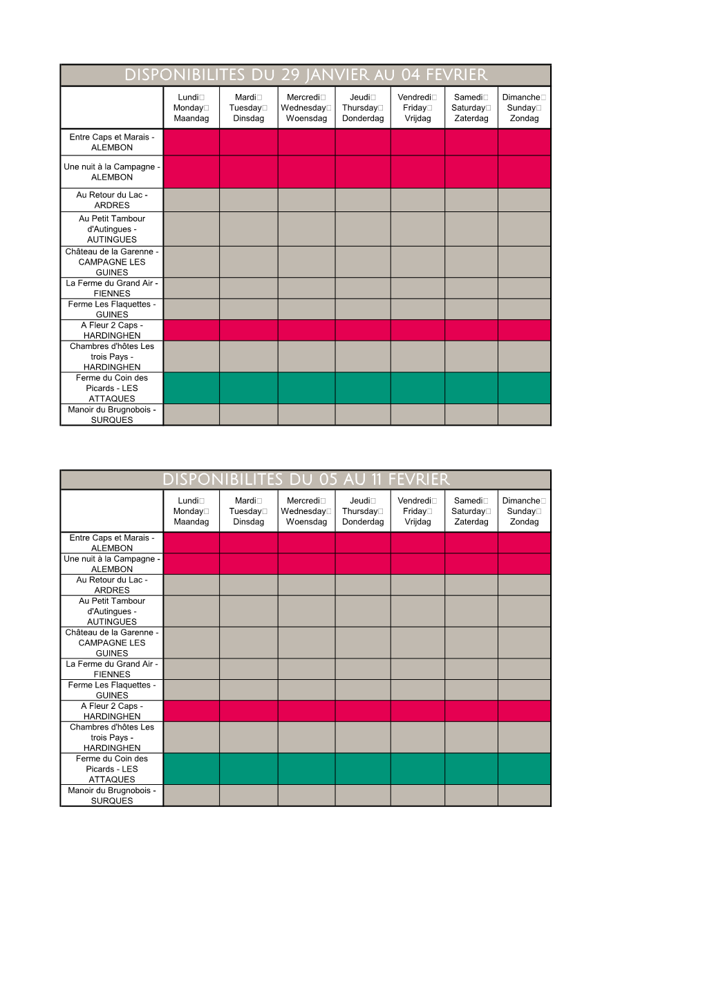 DISPONIBILITES Du 29 JANVIER Au 04 FEVRIER DISPONIBILITES Du