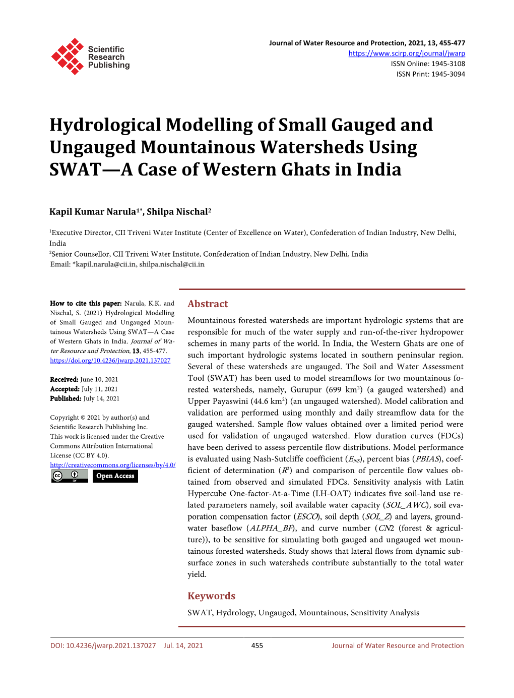 Hydrological Modelling of Small Gauged and Ungauged Mountainous Watersheds Using SWAT—A Case of Western Ghats in India