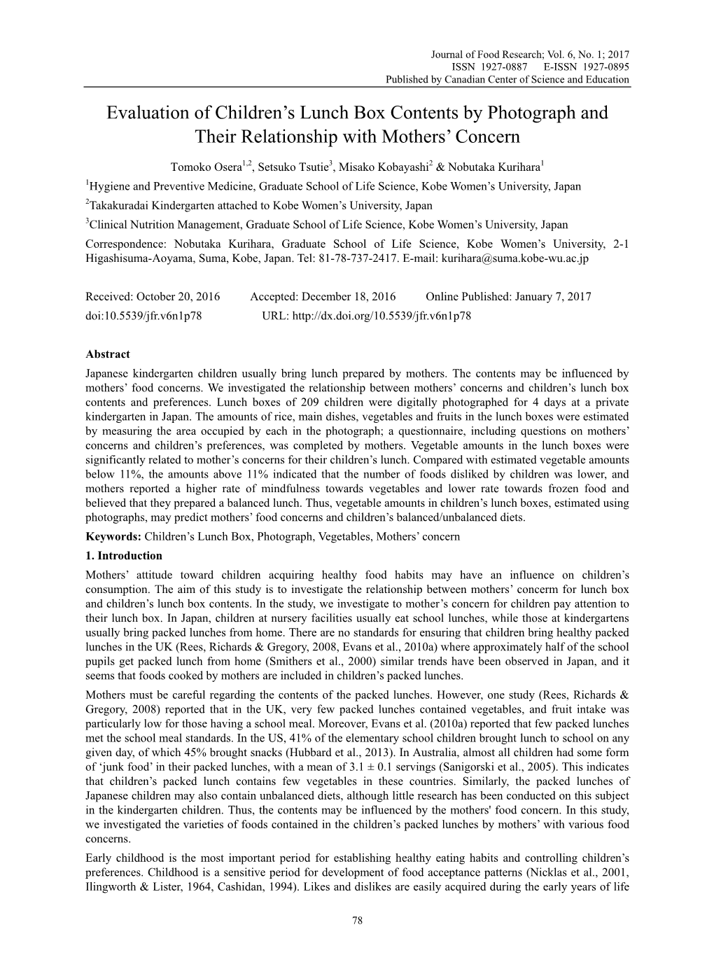 Evaluation of Children's Lunch Box Contents by Photograph and Their