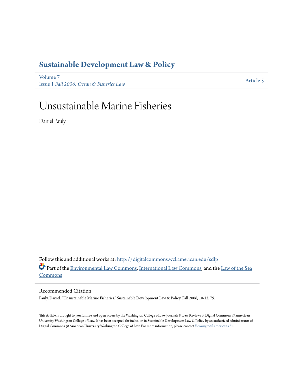 Unsustainable Marine Fisheries Daniel Pauly