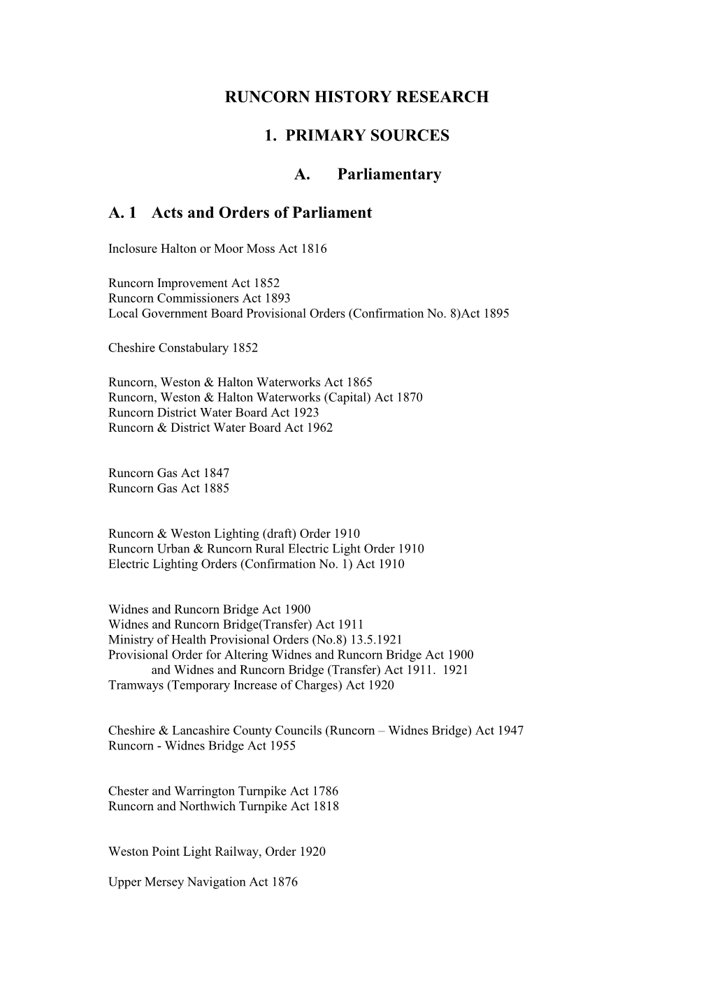 Runcorn History Research 1. Primary Sources A