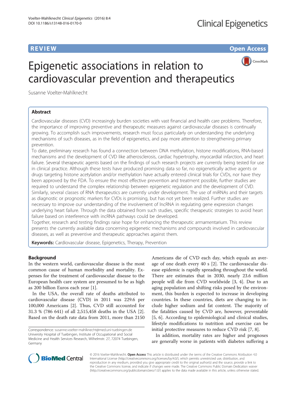 Epigenetic Associations in Relation to Cardiovascular Prevention and Therapeutics Susanne Voelter-Mahlknecht