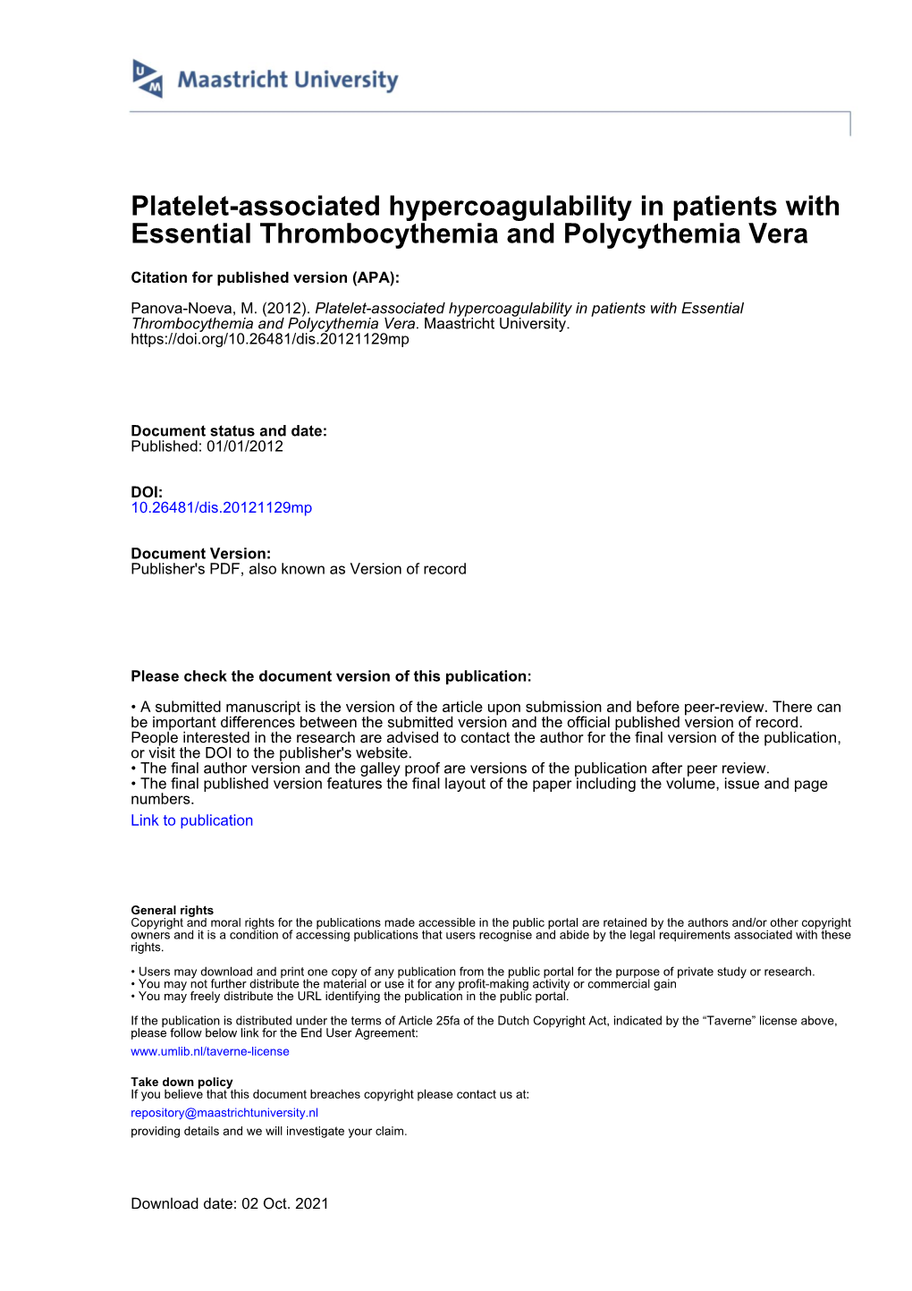 Platelet-Associated Hypercoagulability in Patients with Essential Thrombocythemia and Polycythemia Vera