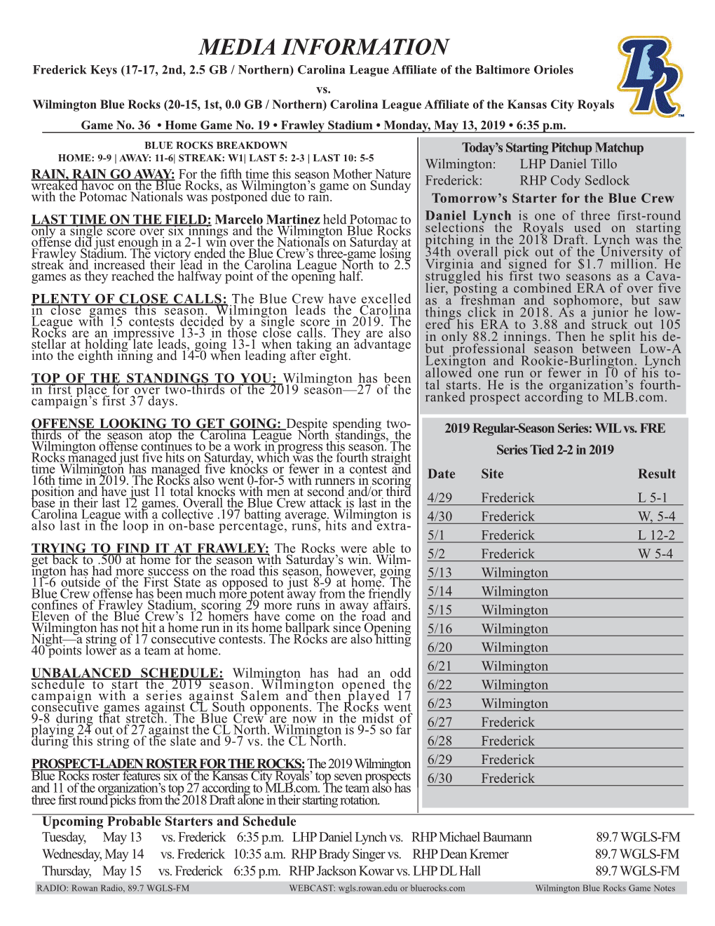 MEDIA INFORMATION Frederick Keys (17-17, 2Nd, 2.5 GB / Northern) Carolina League Affiliate of the Baltimore Orioles Vs