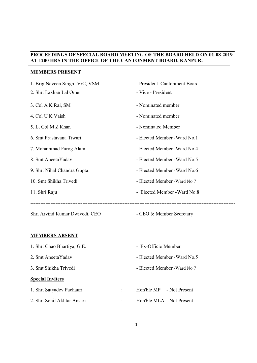 Proceedings of Special Board Meeting of the Board Held on 01-08-2019 at 1200 Hrs in the Office of the Cantonment Board, Kanpur