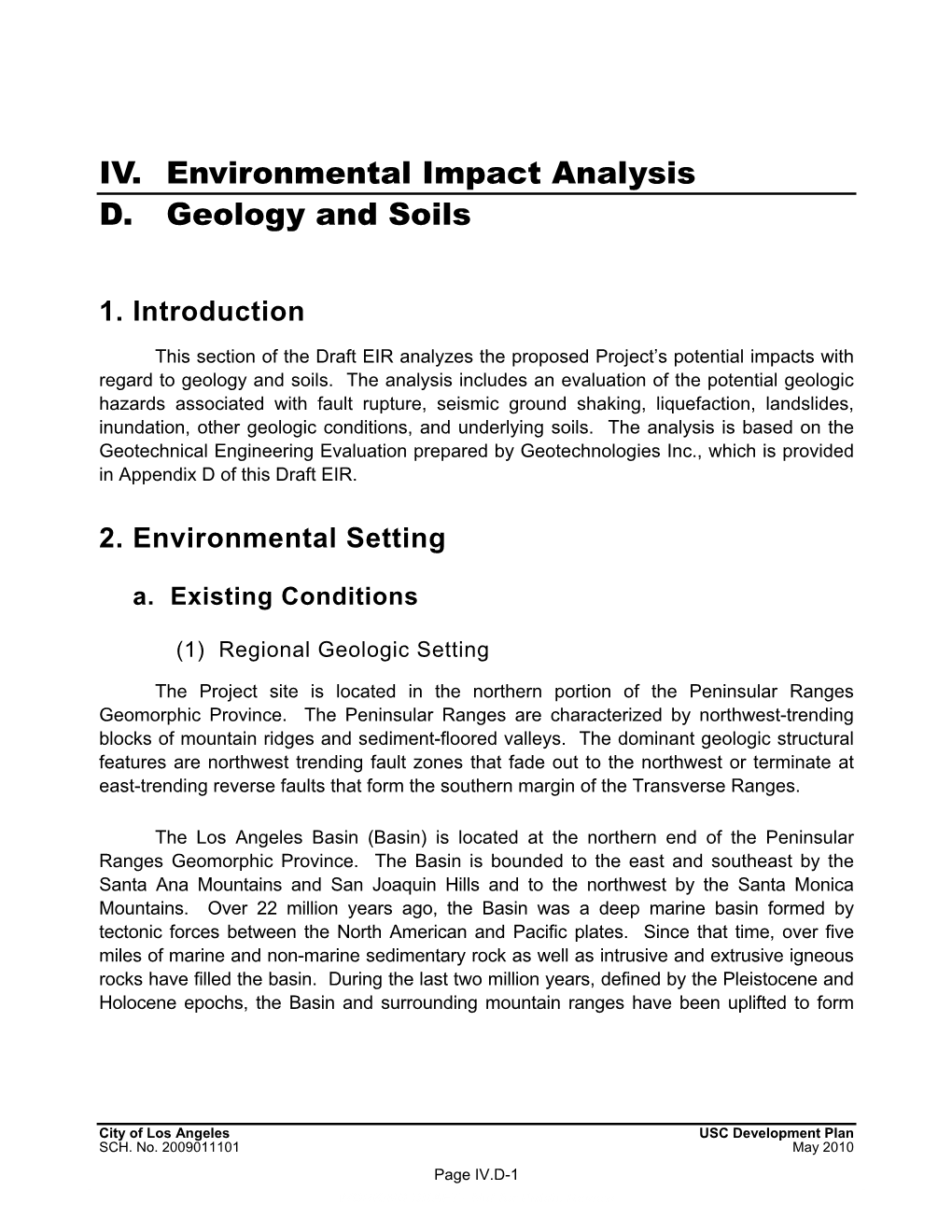 IV. Environmental Impact Analysis D. Geology and Soils