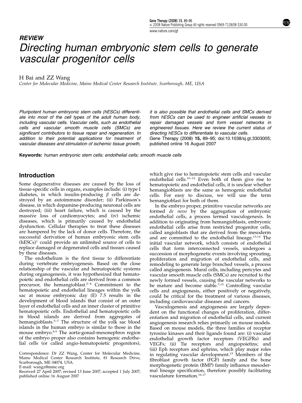 Directing Human Embryonic Stem Cells to Generate Vascular Progenitor Cells