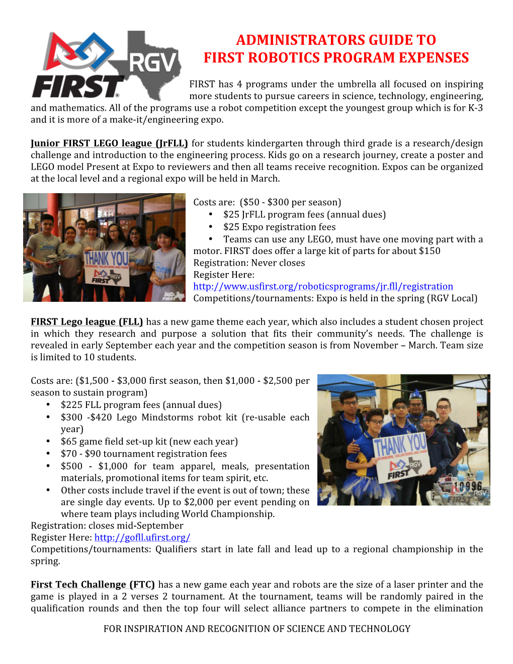 Administrators Guide to First Robotics Program Expenses