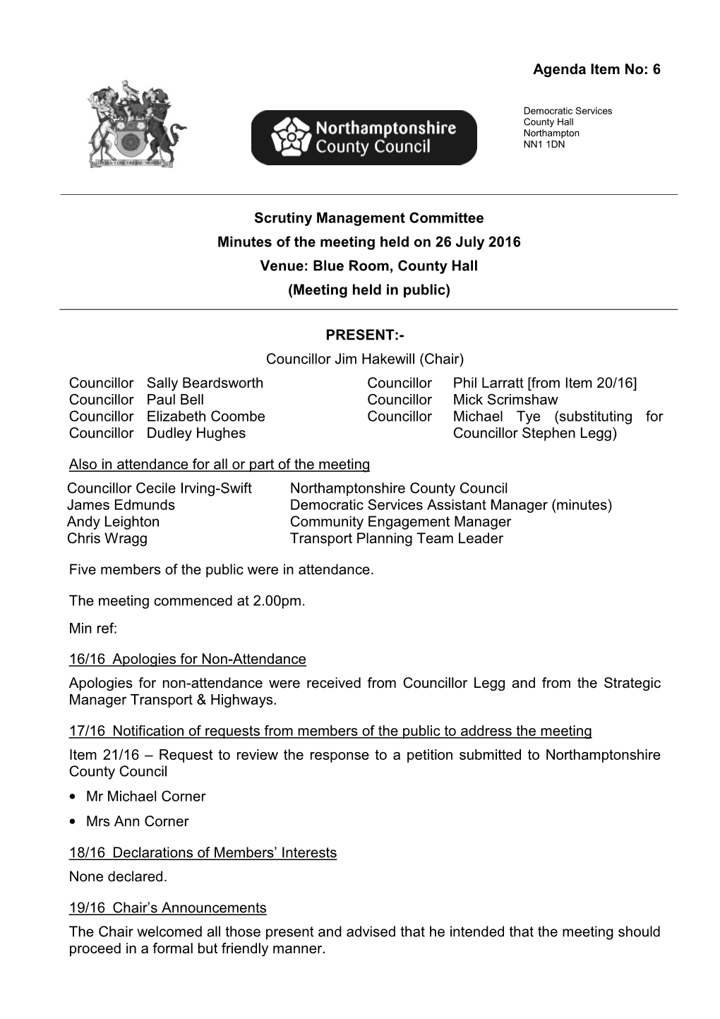 Agenda Item No: 6 Scrutiny Management Committee Minutes Of