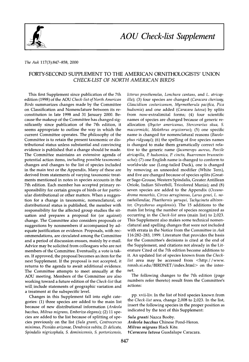 Second Supplement to the American Ornithologists' Union Check-List of North American Birds