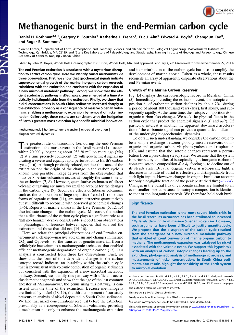 Methanogenic Burst in the End-Permian Carbon Cycle