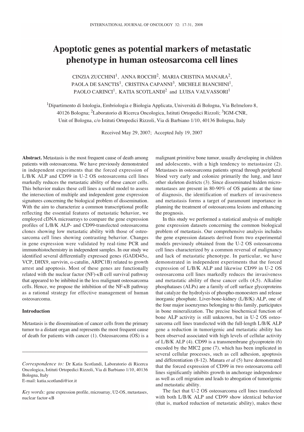 Apoptotic Genes As Potential Markers of Metastatic Phenotype in Human Osteosarcoma Cell Lines