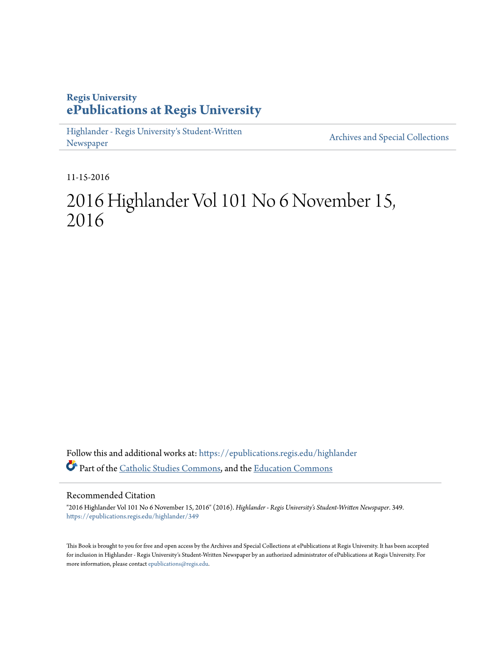 2016 Highlander Vol 101 No 6 November 15, 2016