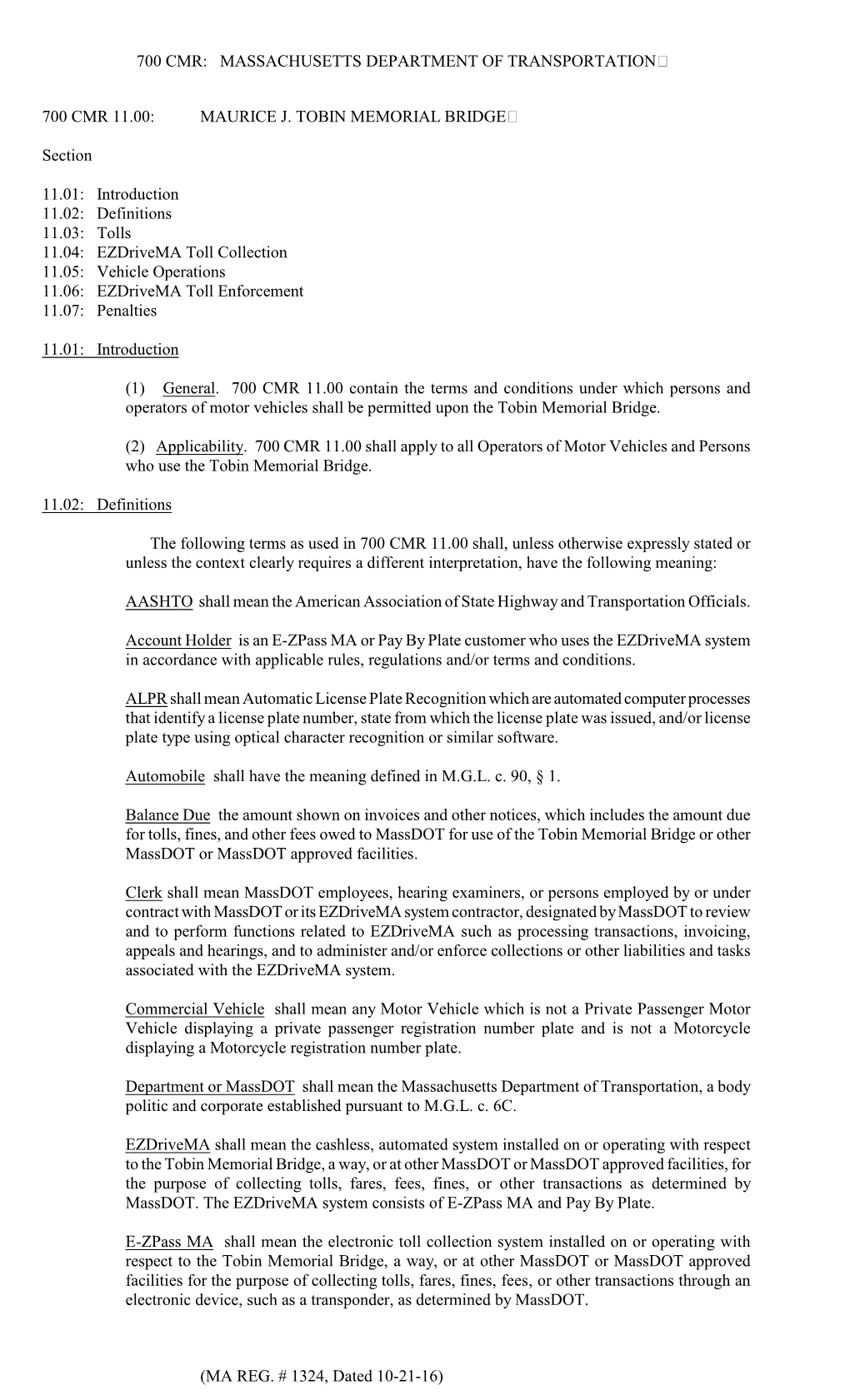 700 Cmr: Massachusetts Department of Transportation