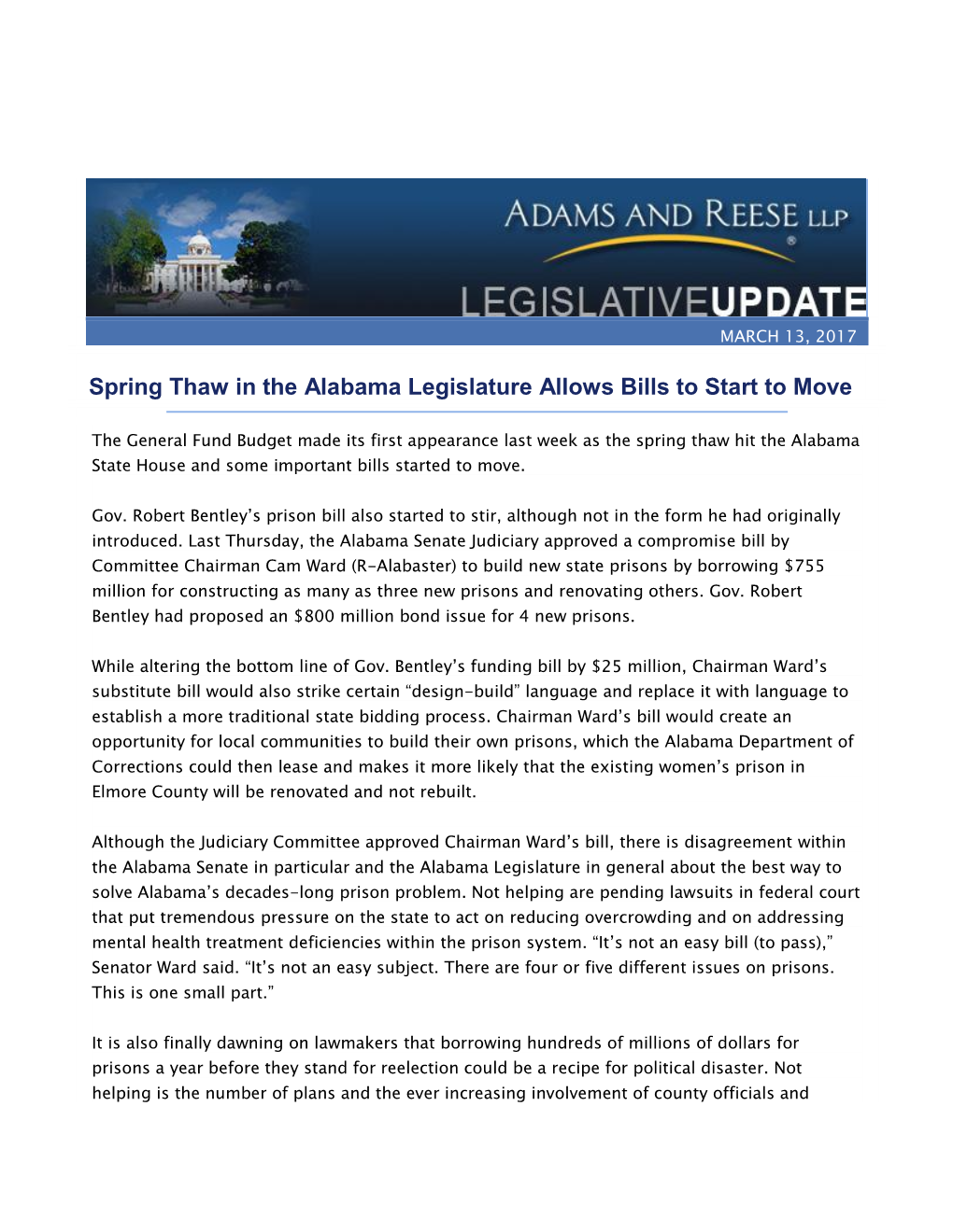 Spring Thaw in the Alabama Legislature Allows Bills to Start to Move