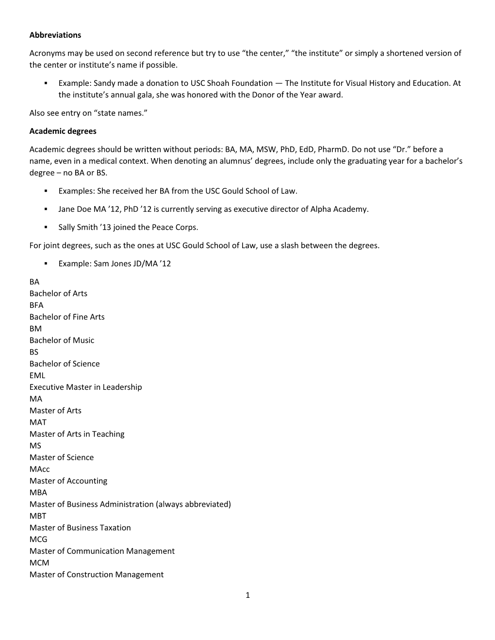 1 Abbreviations Acronyms May Be Used on Second Reference but Try to Use “The Center,” “The Institute” Or Simply a Shorte