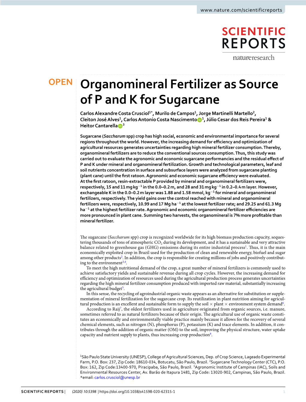 Organomineral Fertilizer As Source of P and K for Sugarcane