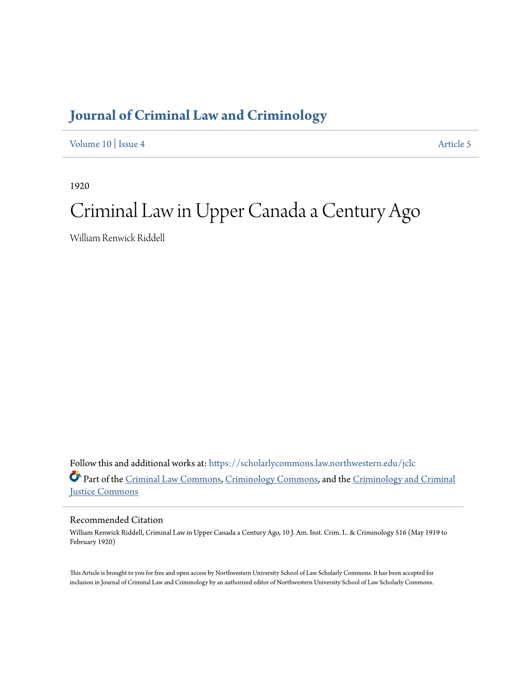 Criminal Law in Upper Canada a Century Ago William Renwick Riddell