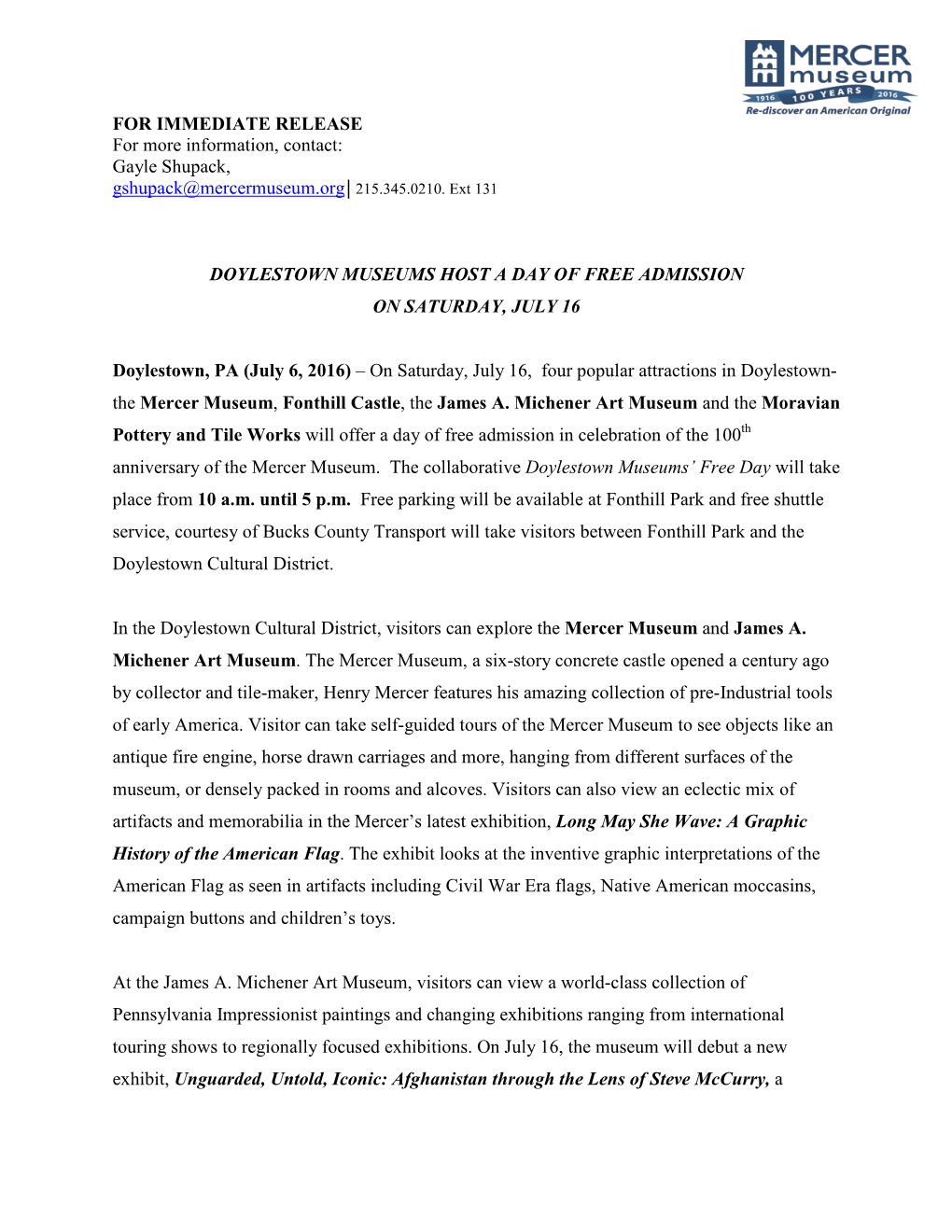 FOR IMMEDIATE RELEASE for More Information, Contact: Gayle Shupack, Gshupack@Mercermuseum.Org│215.345.0210