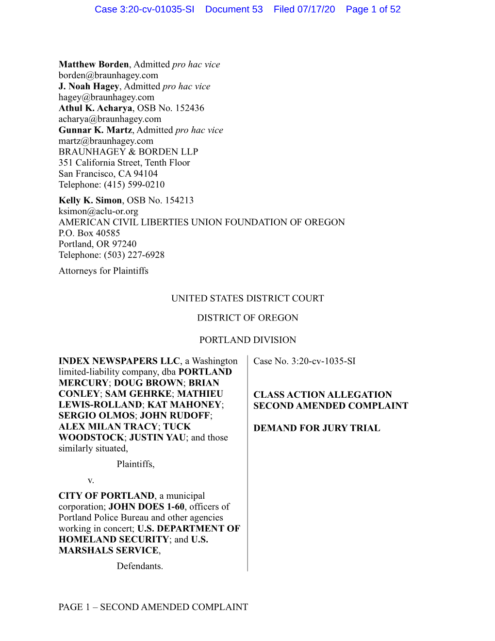 PAGE 1 – SECOND AMENDED COMPLAINT Case 3:20-Cv-01035-SI Document 53 Filed 07/17/20 Page 2 of 52
