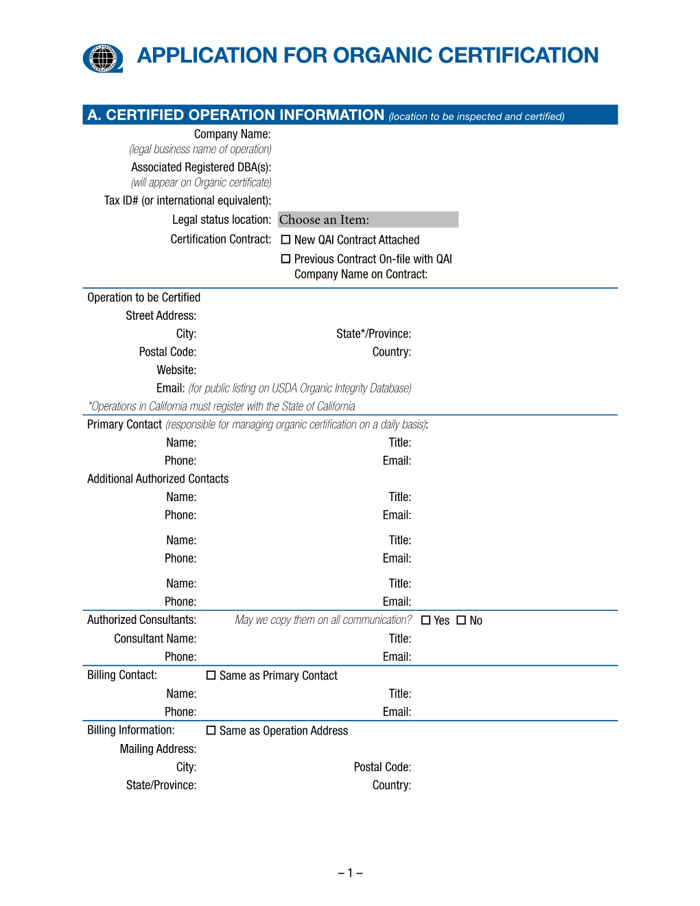 Application for Organic Certification