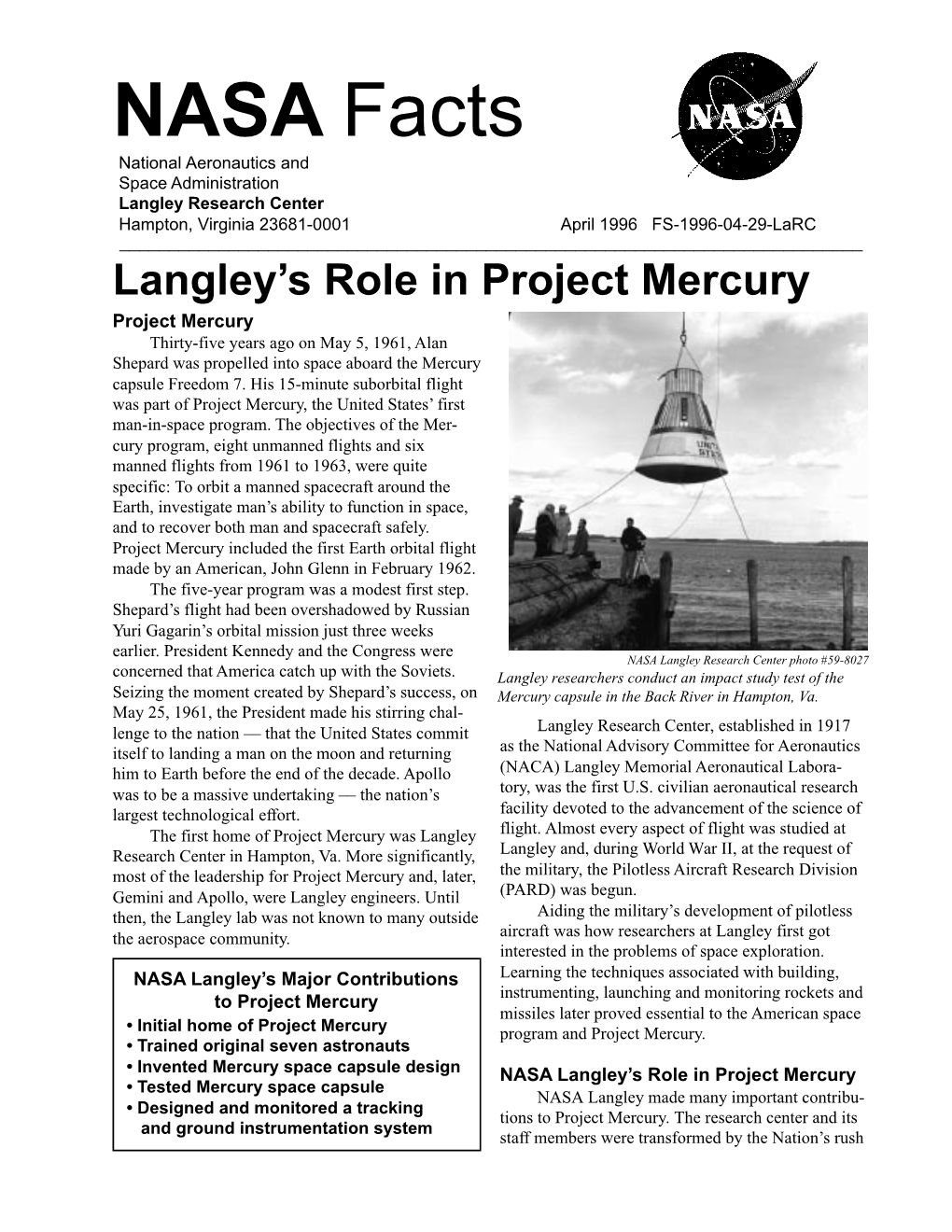 Project Mercury Fact Sheet