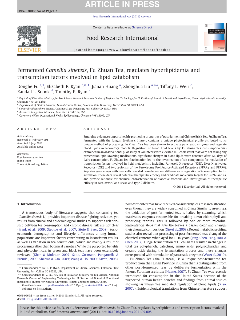 Fermented Camellia Sinensis, Fu Zhuan Tea, Regulates Hyperlipidemia and Transcription Factors Involved in Lipid Catabolism