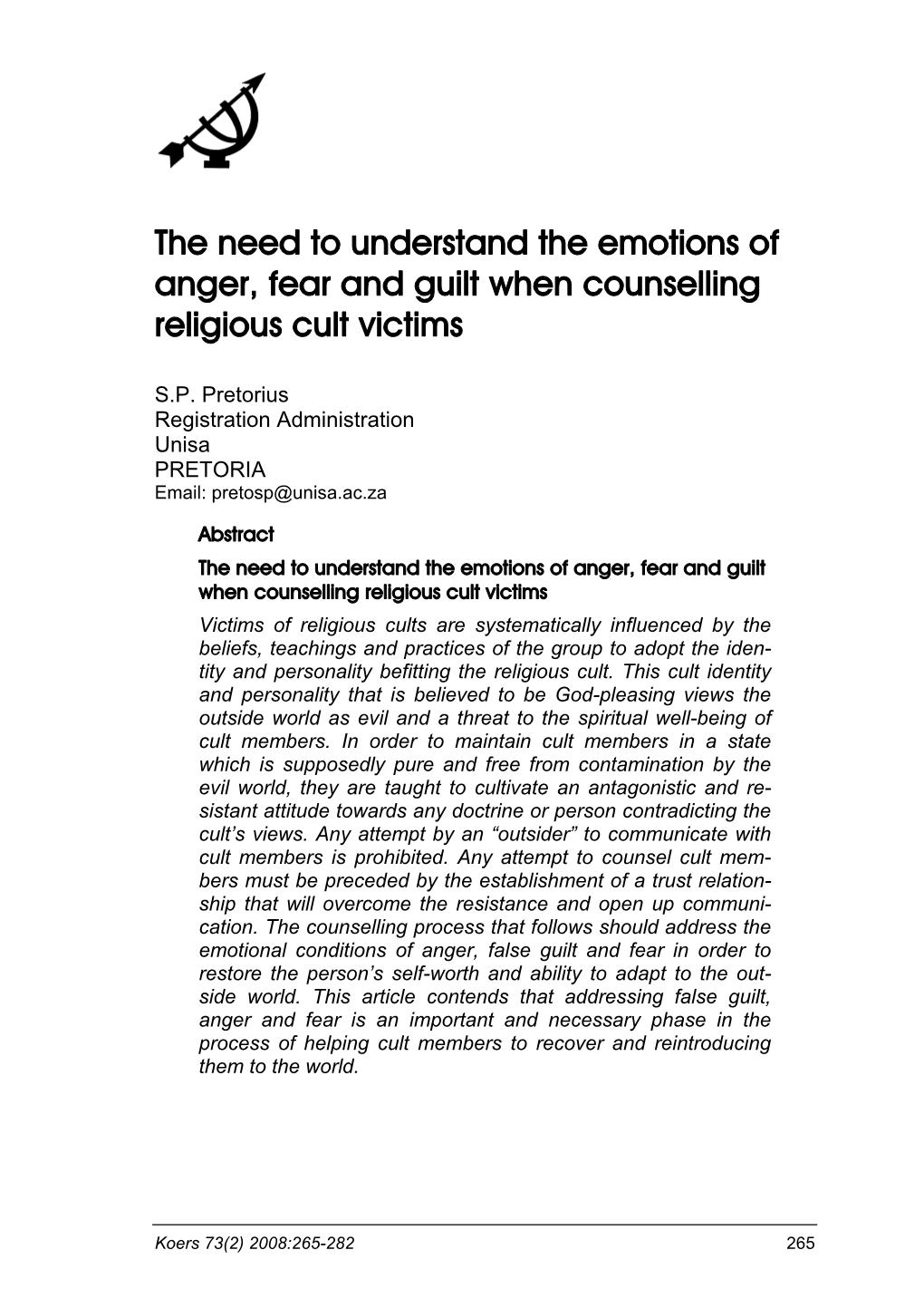 The Need to Understand the Emotions of Anger, Fear and Guilt When Counselling Religious Cult Victims