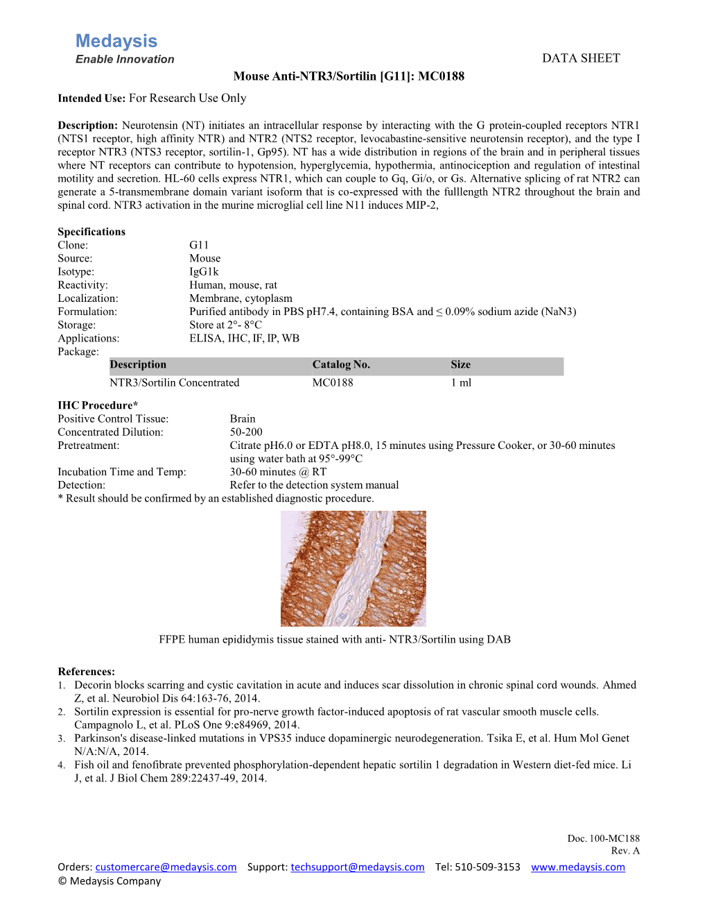 NTR3/Sortilin [G11]: MC0188 Intended Use: for Research Use Only