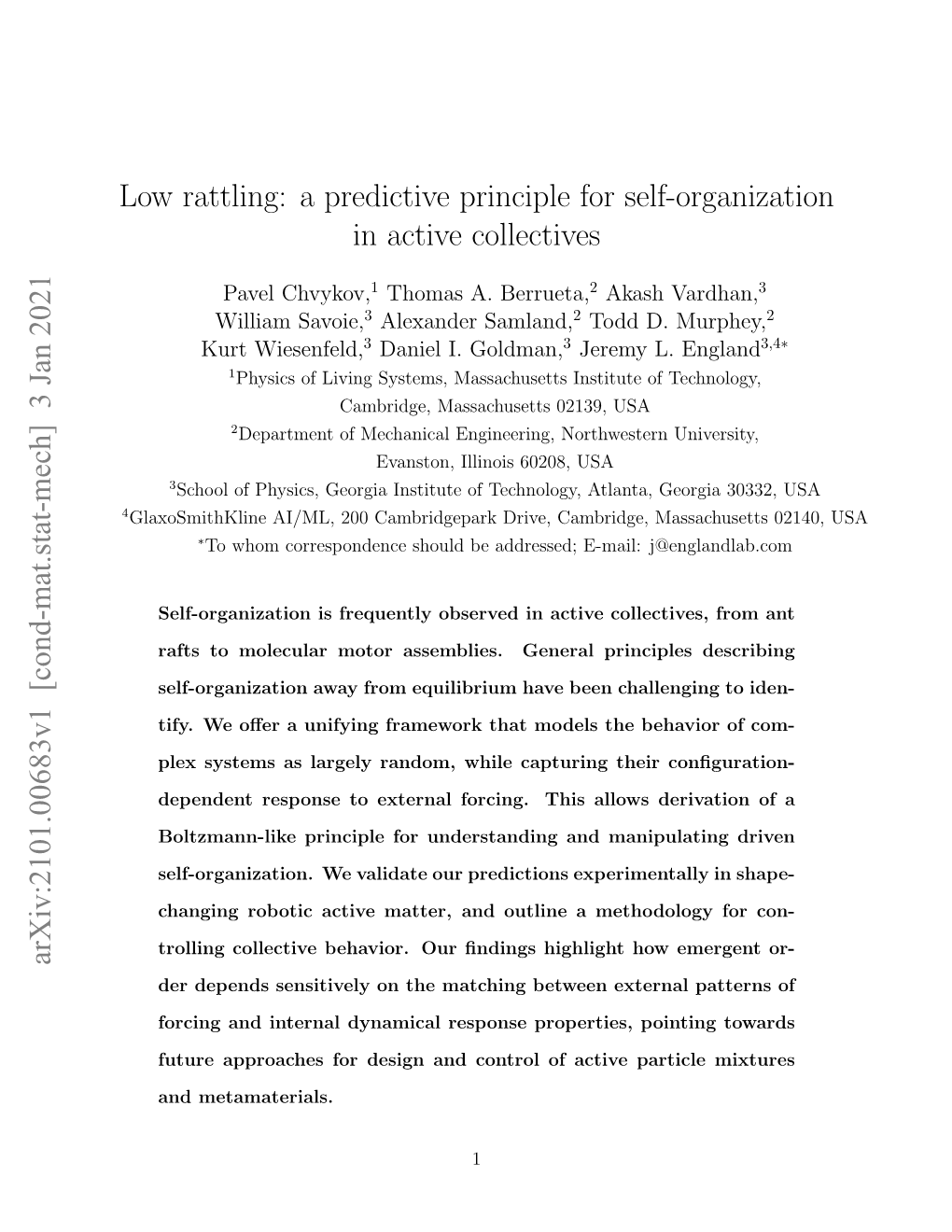 Low Rattling: a Predictive Principle for Self-Organization in Active Collectives