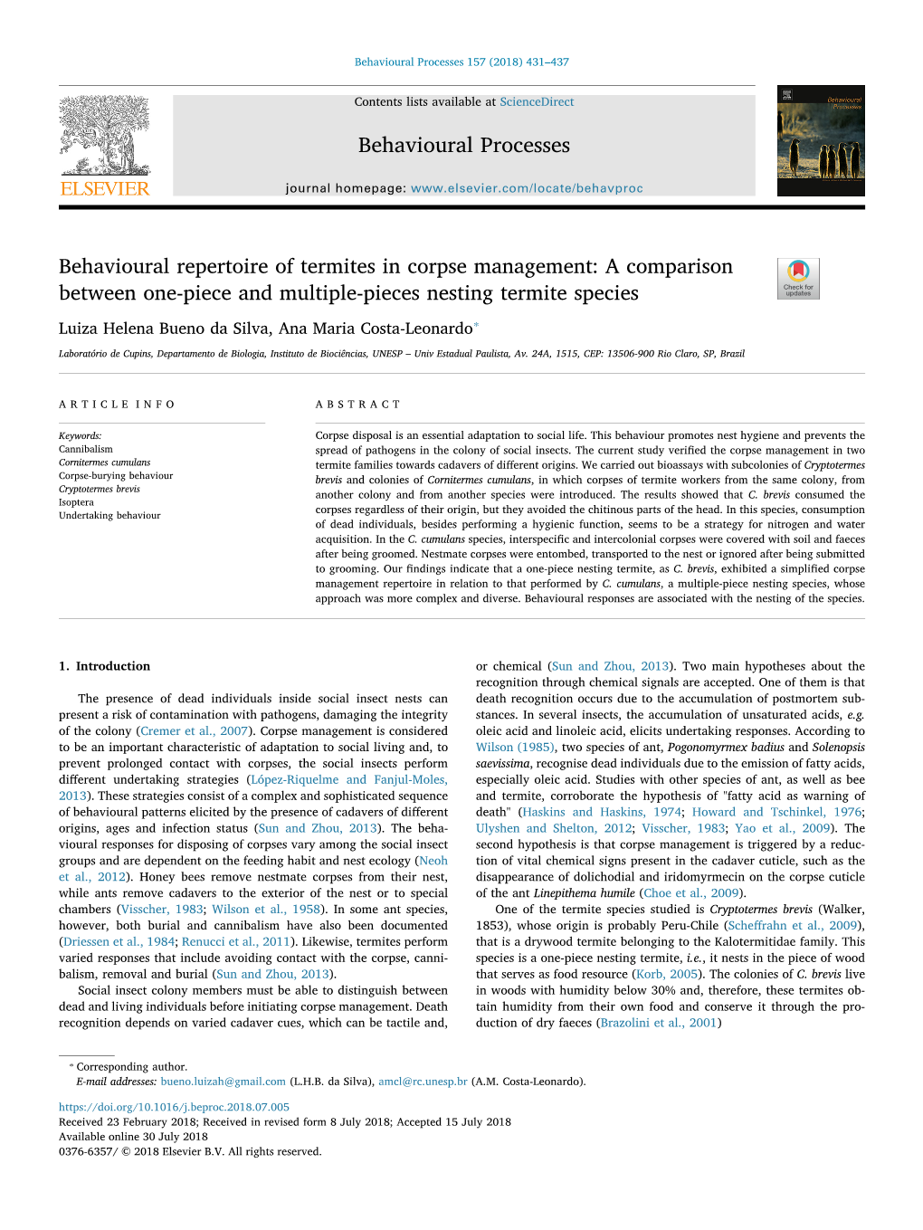 Behavioural Repertoire of Termites in Corpse Management A