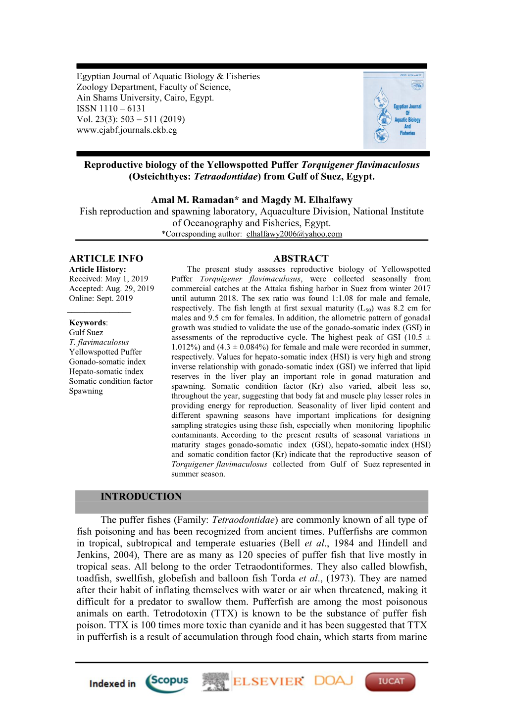 Reproductive Biology of the Yellowspotted Puffer Torquigener Flavimaculosus (Osteichthyes: Tetraodontidae) from Gulf of Suez, Egypt