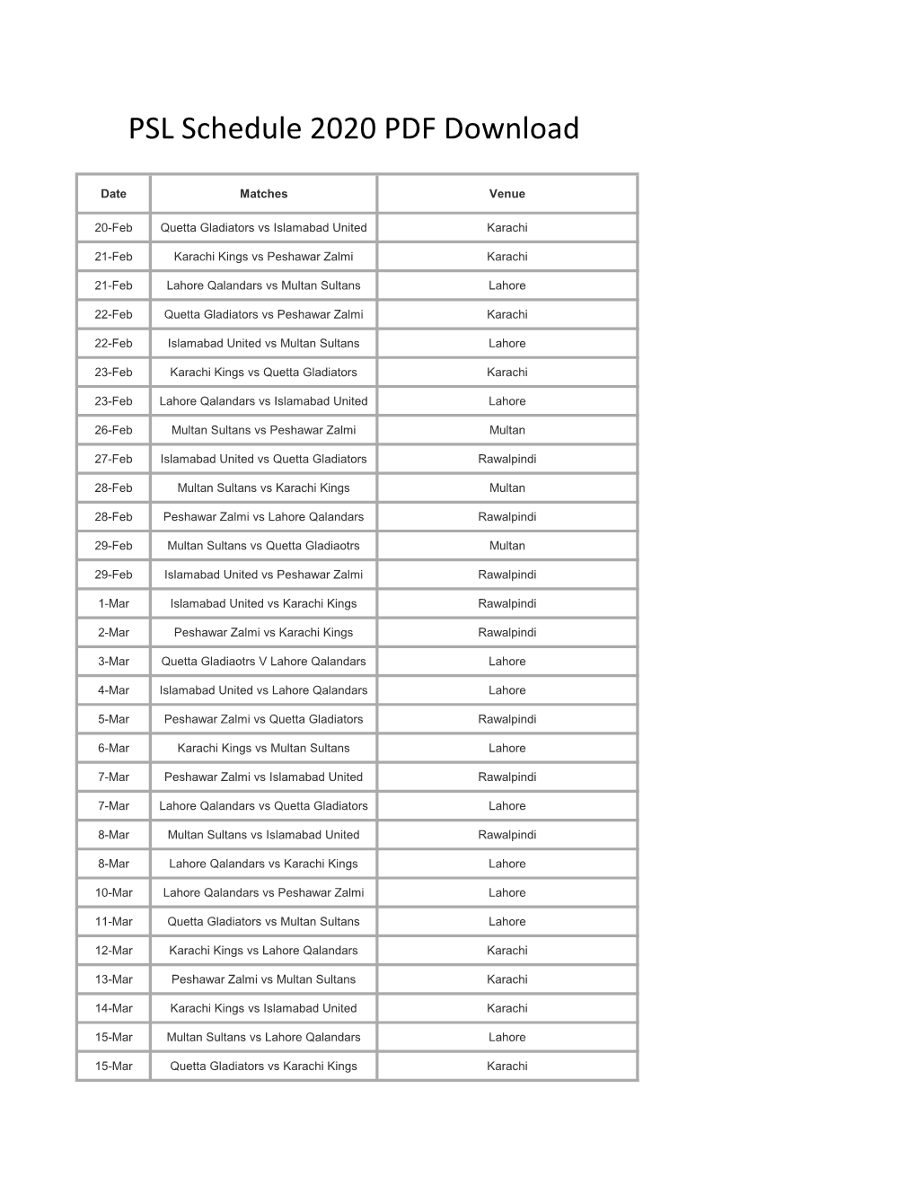 PSL Schedule 2020 PDF Download