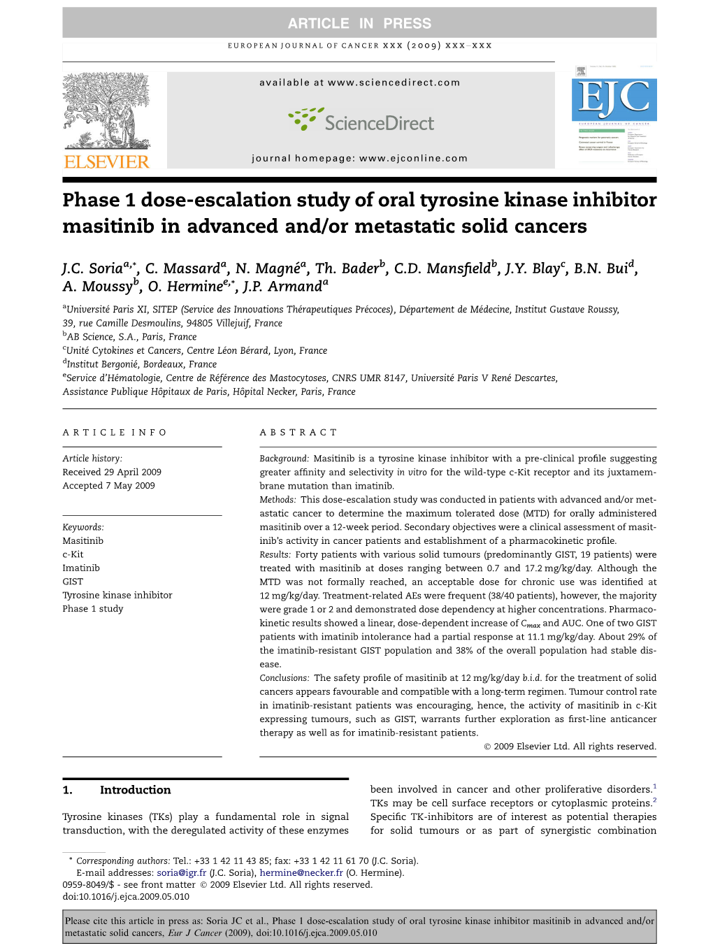 Phase 1 Dose-Escalation Study of Oral Tyrosine Kinase Inhibitor Masitinib in Advanced And/Or Metastatic Solid Cancers