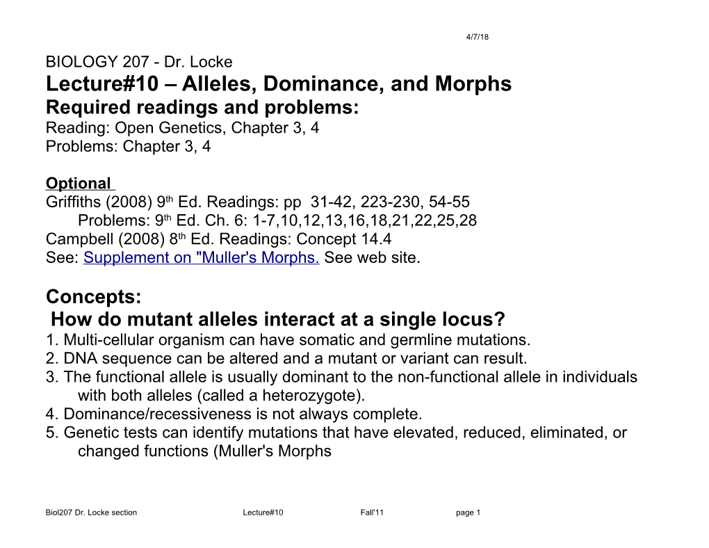 Lecture#10 Alleles, Dominance, and Morphs