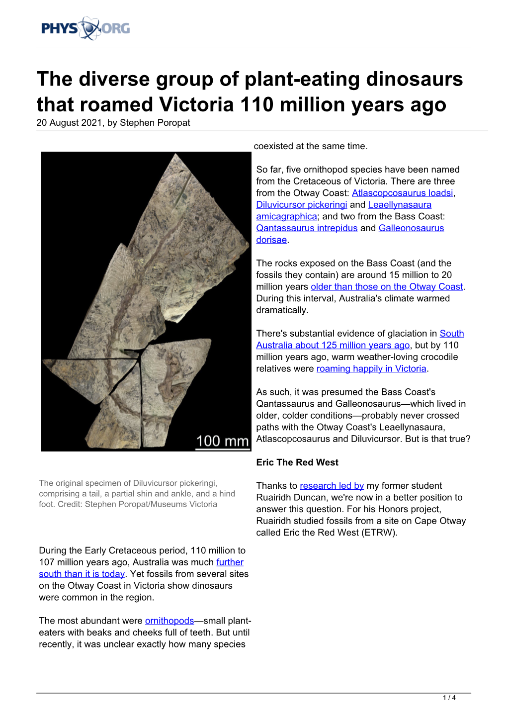 The Diverse Group of Plant-Eating Dinosaurs That Roamed Victoria 110 Million Years Ago 20 August 2021, by Stephen Poropat