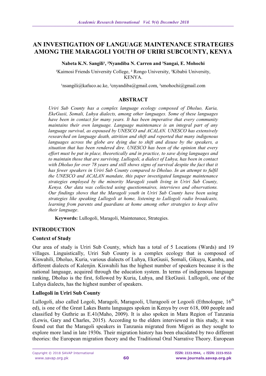 An Investigation of Language Maintenance Strategies Among the Maragoli Youth of Uriri Subcounty, Kenya