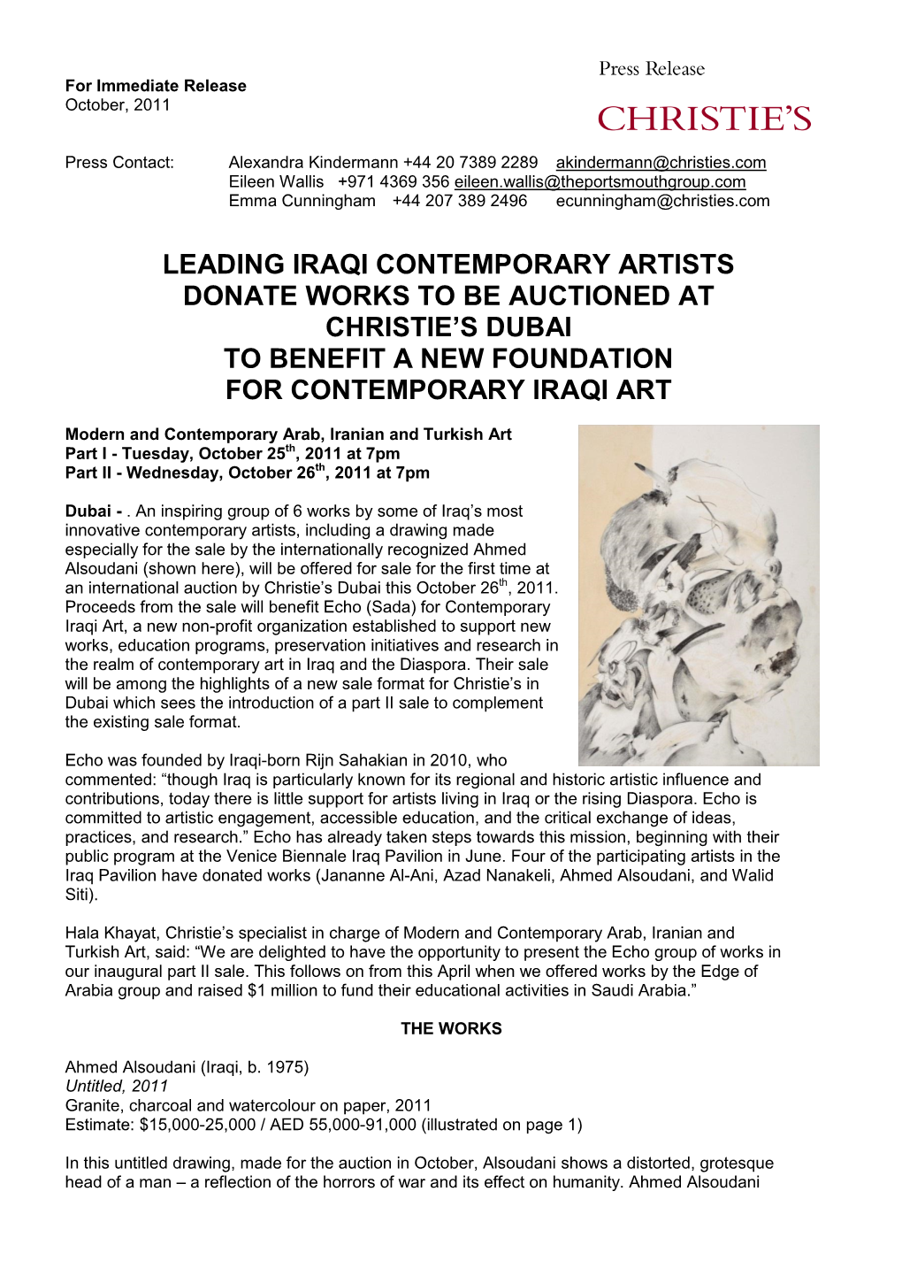 Leading Iraqi Contemporary Artists Donate Works to Be Auctioned at Christie’S Dubai to Benefit a New Foundation for Contemporary Iraqi Art