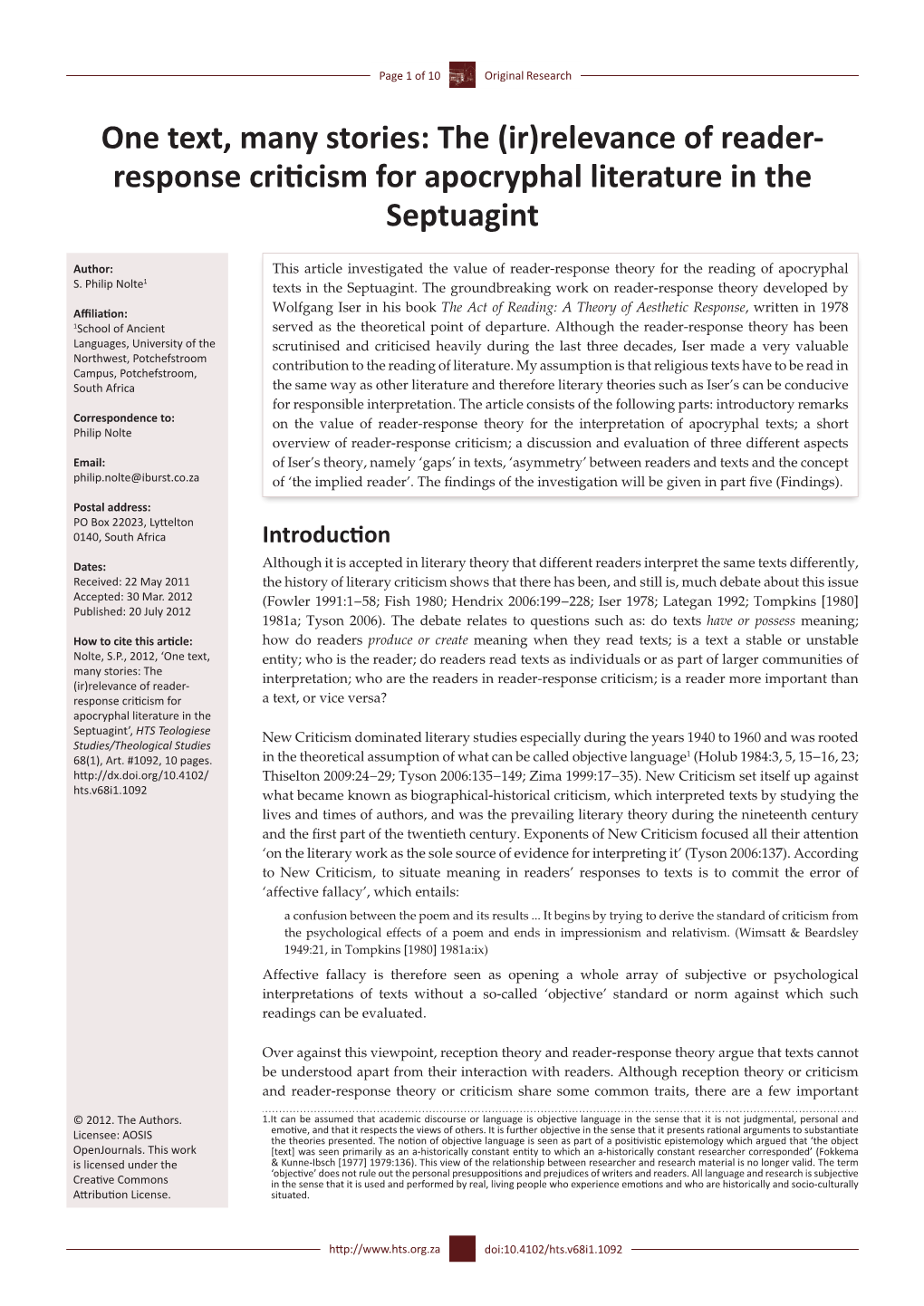 The (Ir)Relevance of Reader- Response Criticism for Apocryphal Literature in the Septuagint