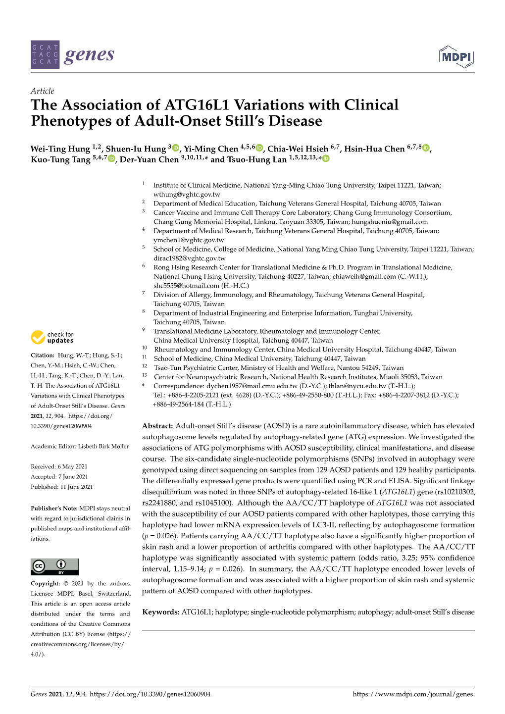 The Association of ATG16L1 Variations with Clinical Phenotypes of Adult-Onset Still’S Disease