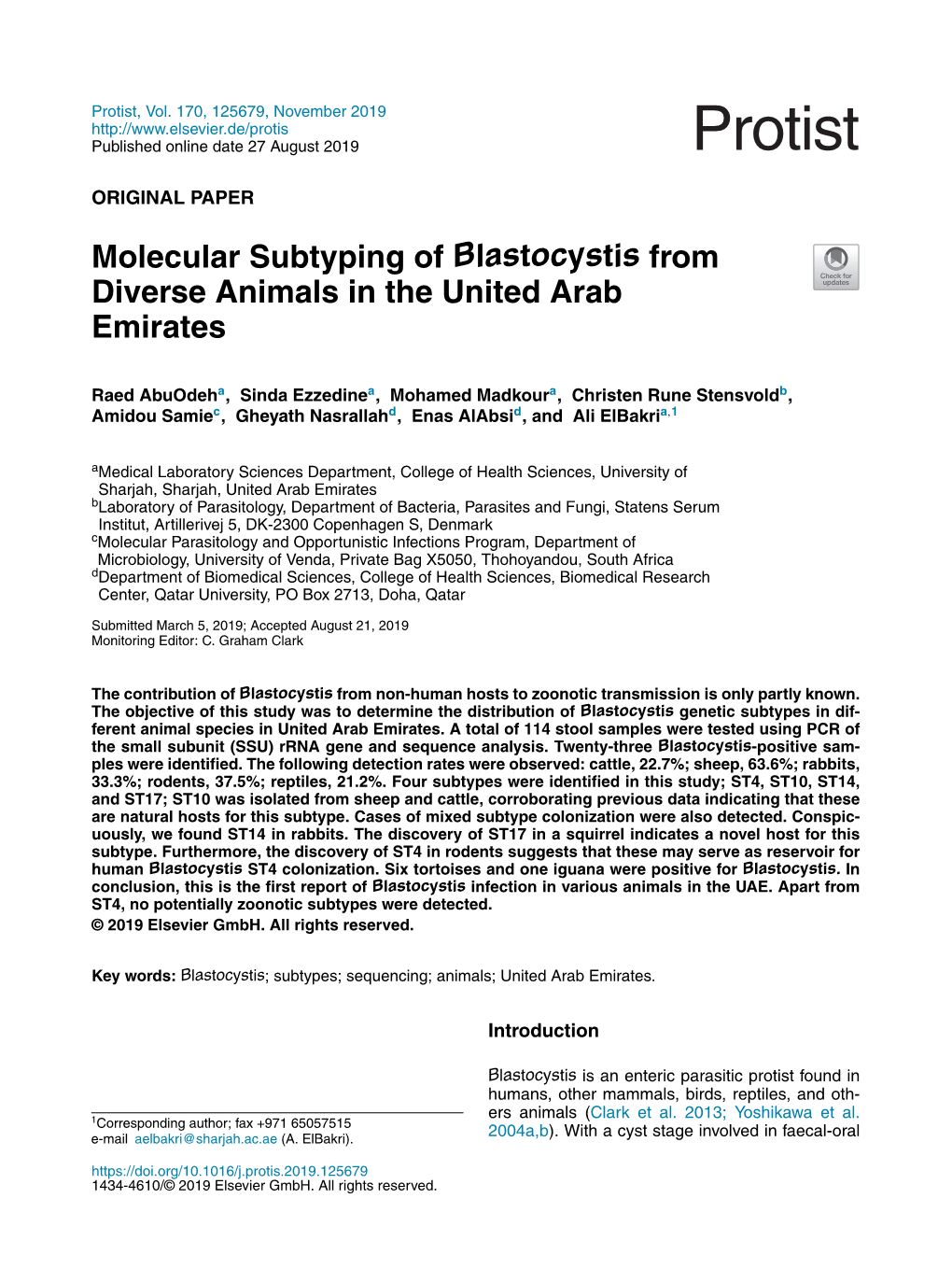 Molecular Subtyping of Blastocystis from Diverse Animals in the United Arab Emirates
