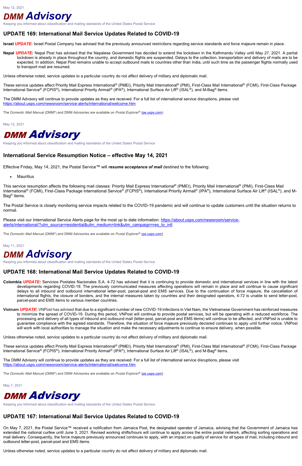 DMM Advisory Keeping You Informed About Classification and Mailing Standards of the United States Postal Service